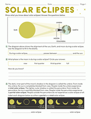 worksheet on solar eclipse