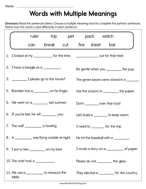 Multiple Meaning Word Worksheets At Samplesworksheets Multiple 