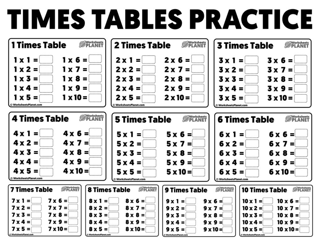 4 times table multiplication worksheets