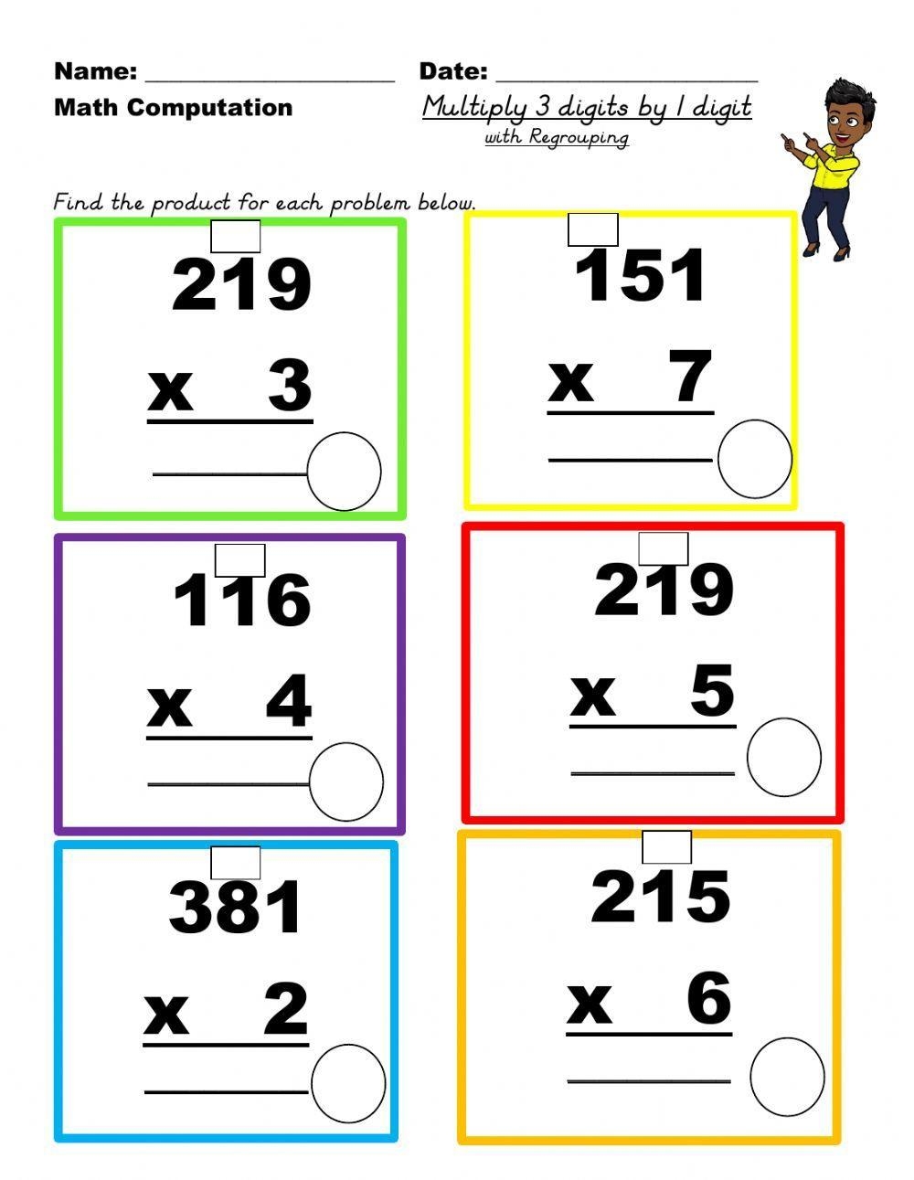 Multiply 3 Digit By 1 Digit Regrouping Worksheet Live Worksheets 