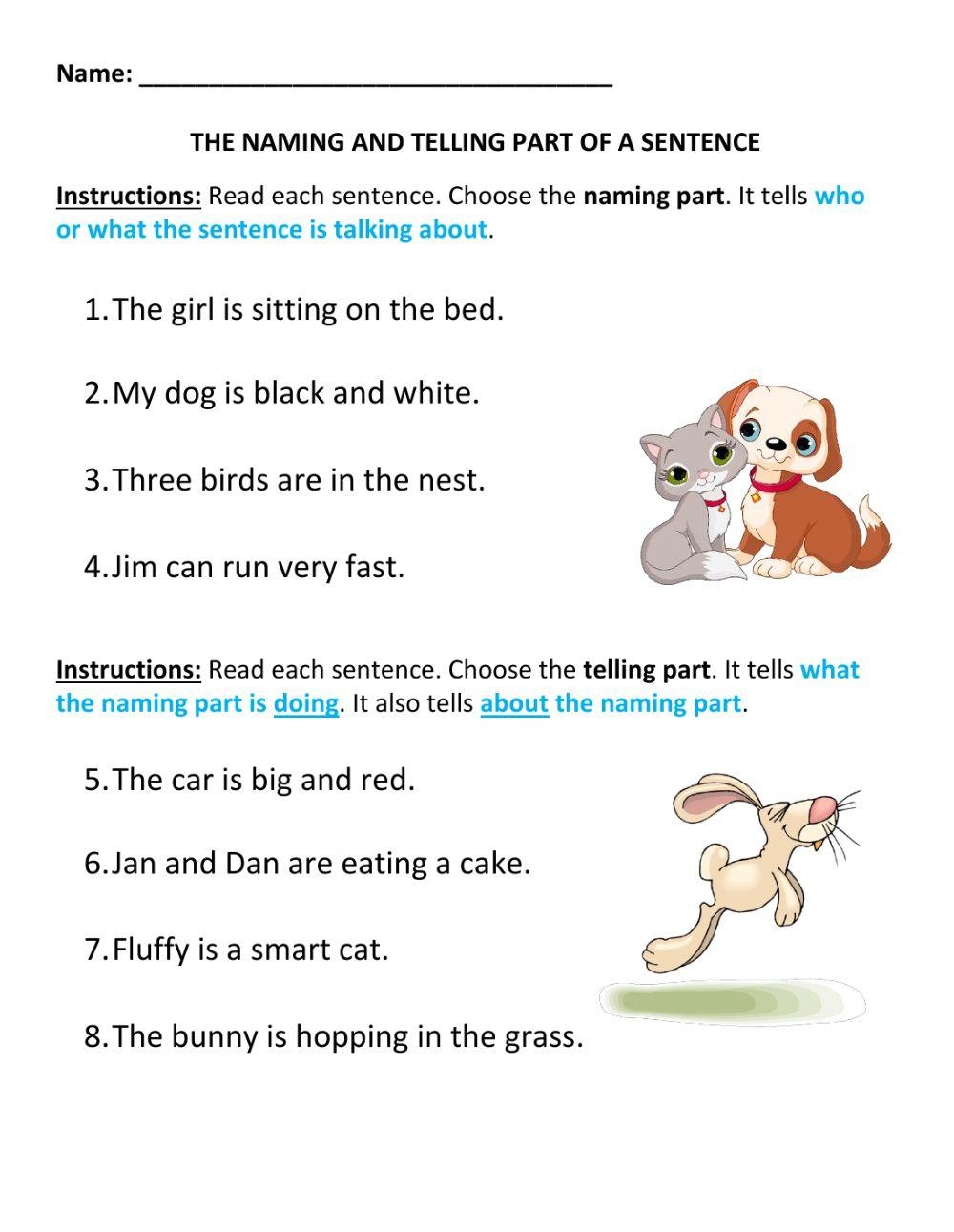 Naming And Telling Part Of A Sentence Worksheet Live Worksheets