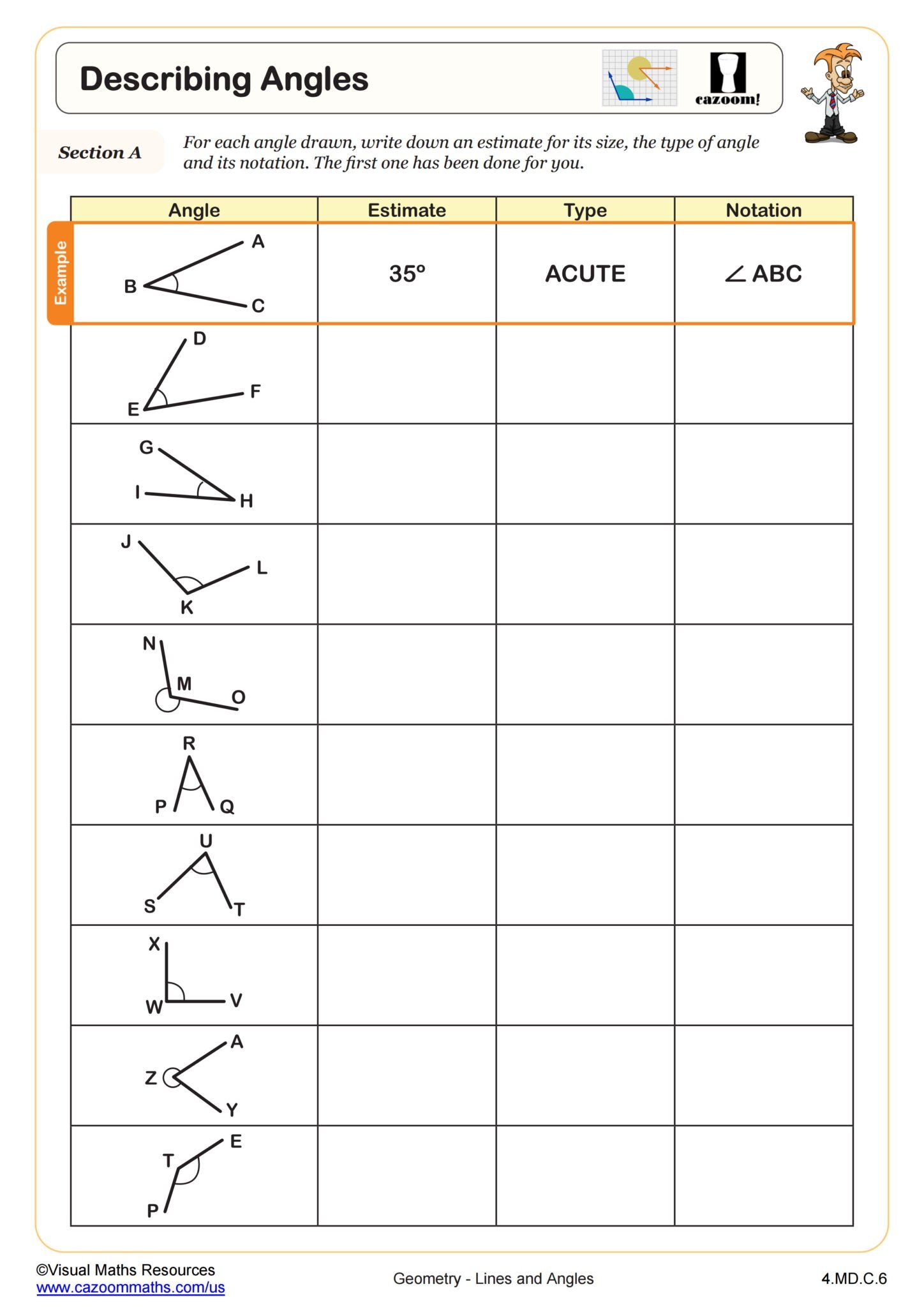 Naming Angles Worksheet PDF Printable Geometry Worksheet