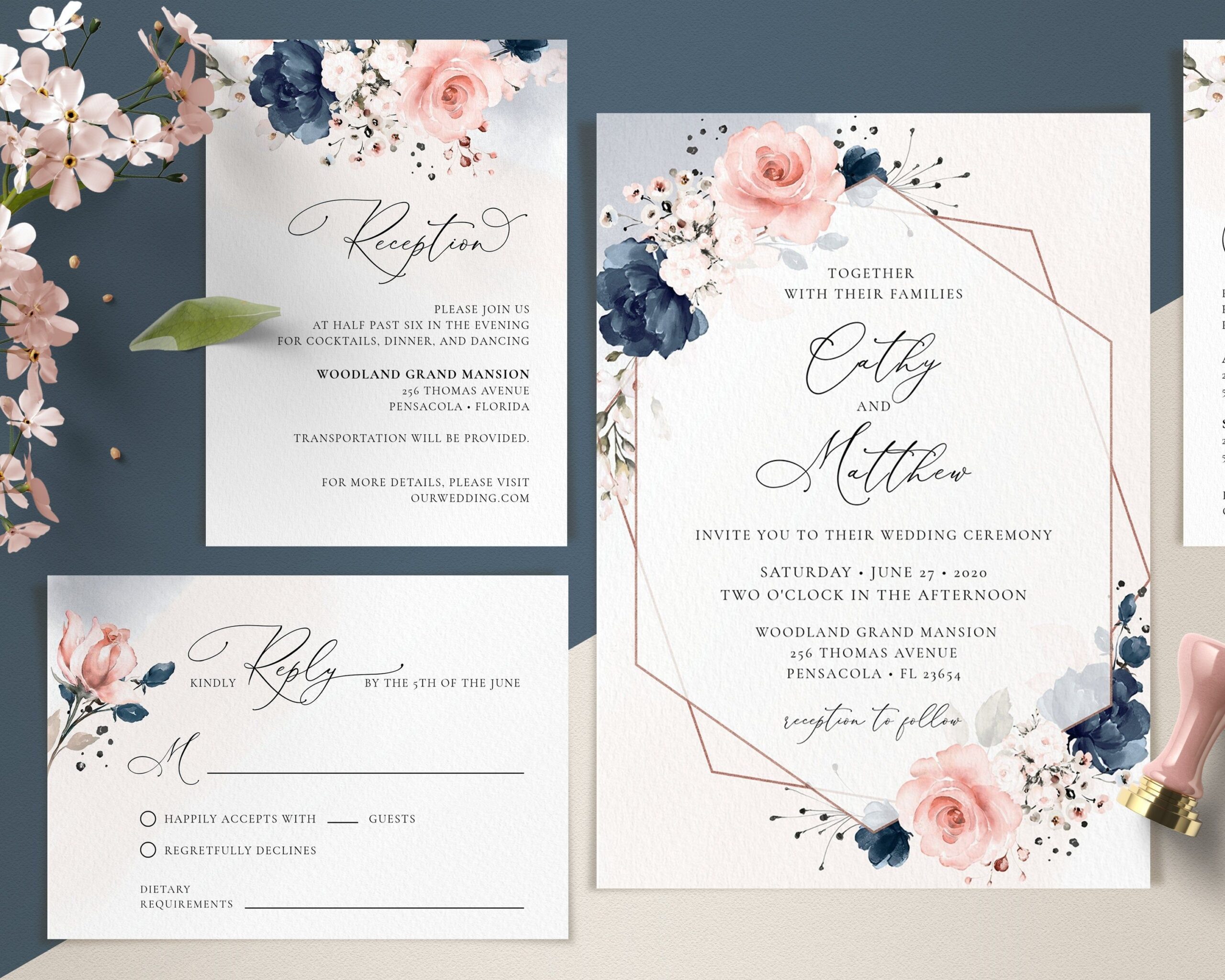 Navy Blue And Blush Pink Wedding Invitation Template Set Wedding 