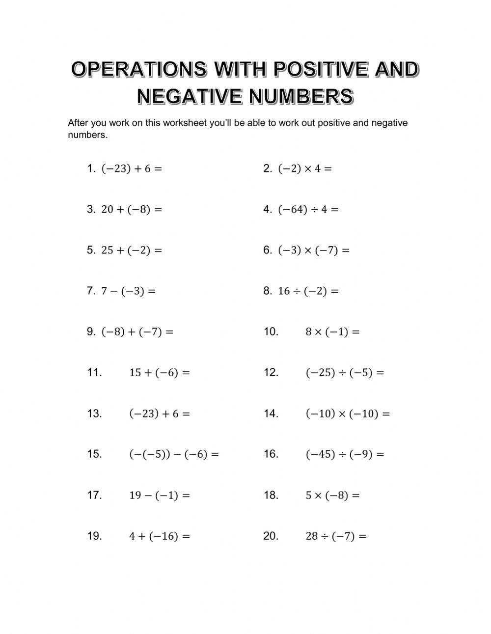 Negative Numbers Worksheet Maths Year 5 Worksheets Library