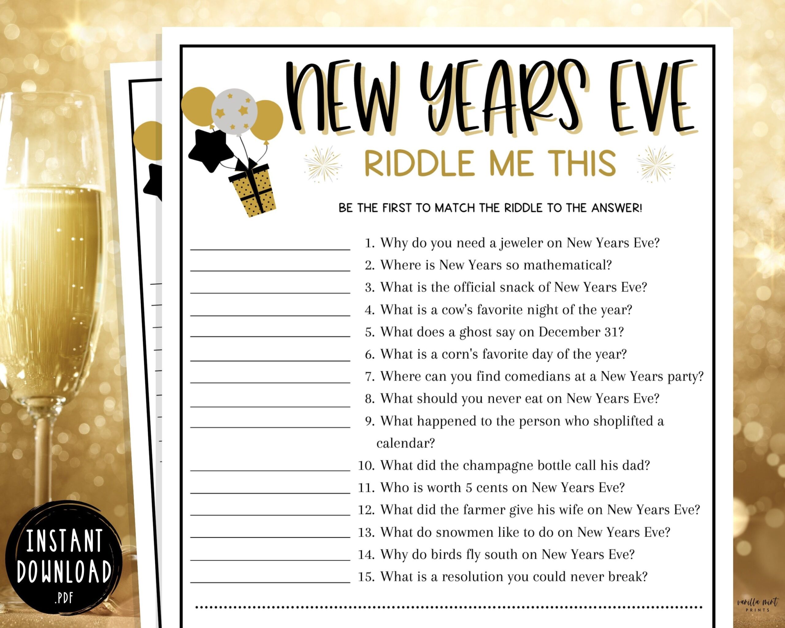 New Years Eve Riddle Me This Game New Years Printable Games New Years