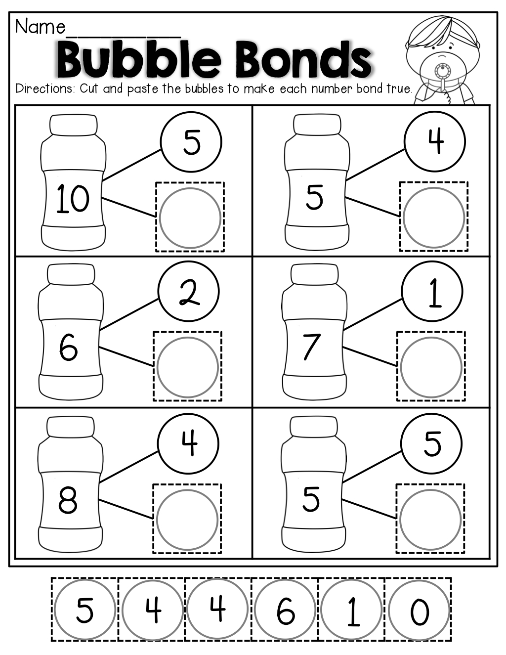 Number Bubble Bonds Cut And Paste Kindergarten Activities Math 