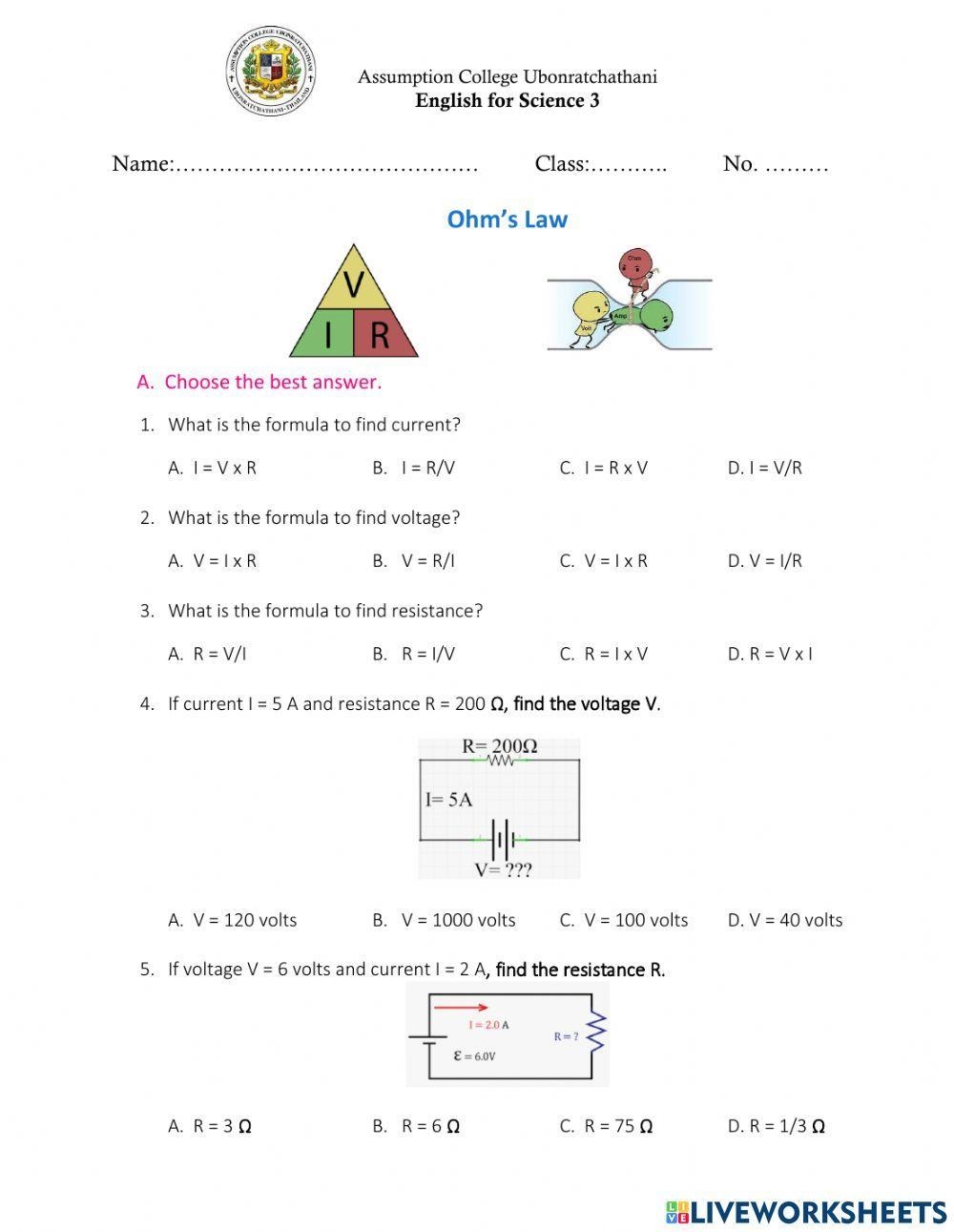 Ohms Law Worksheet 1 On Vimeo Worksheets Library