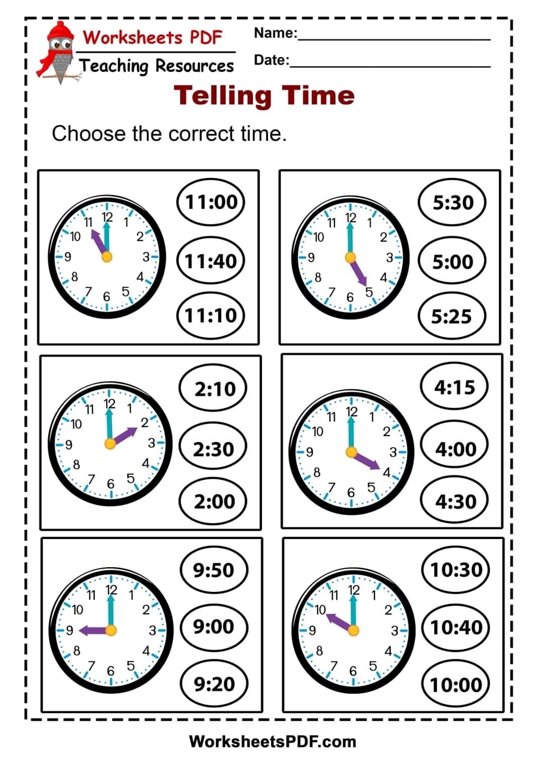 telling time to the hour worksheets