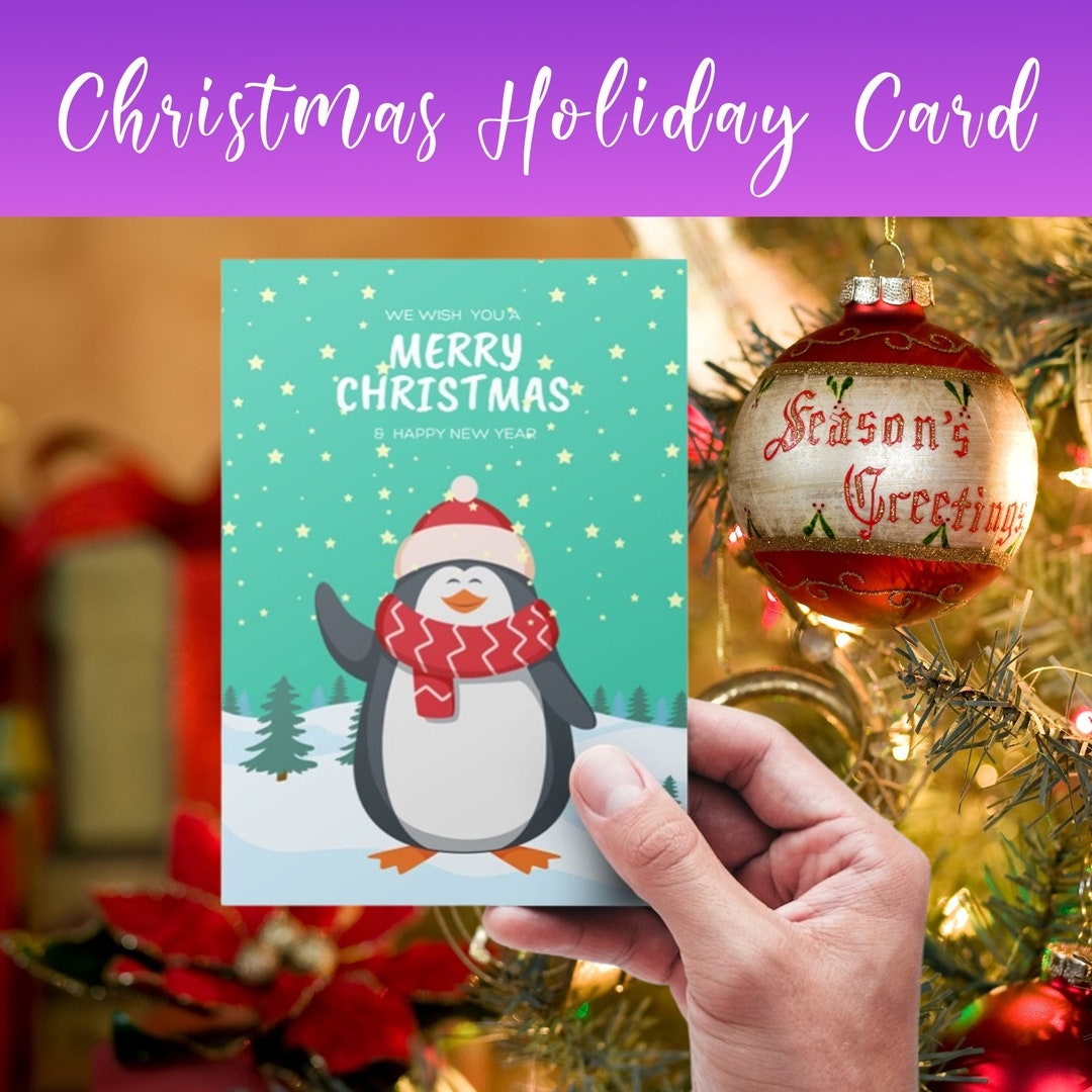 Penguin Christmas Card Printable Christmas Card Holiday Etsy