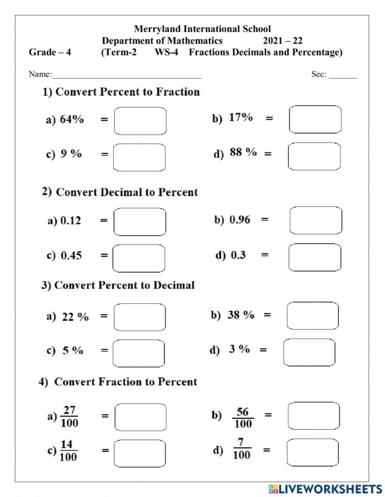 Percentages Decimals Fractions Worksheet Doc Decimalworksheets