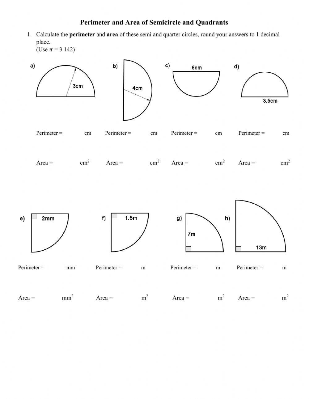 Perimeter Area Of Semi And Quadrant Circle Worksheet Live
