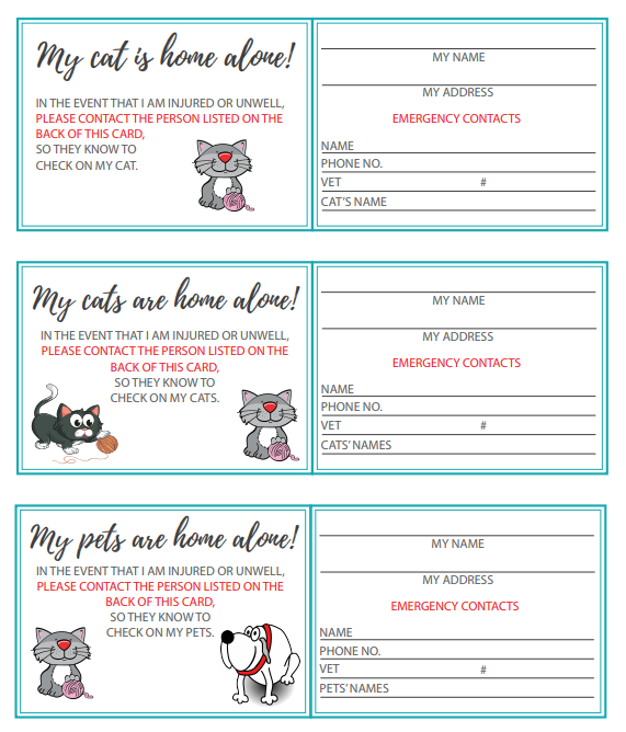 Pet Emergency Card My Pet Is Home Alone Free Download