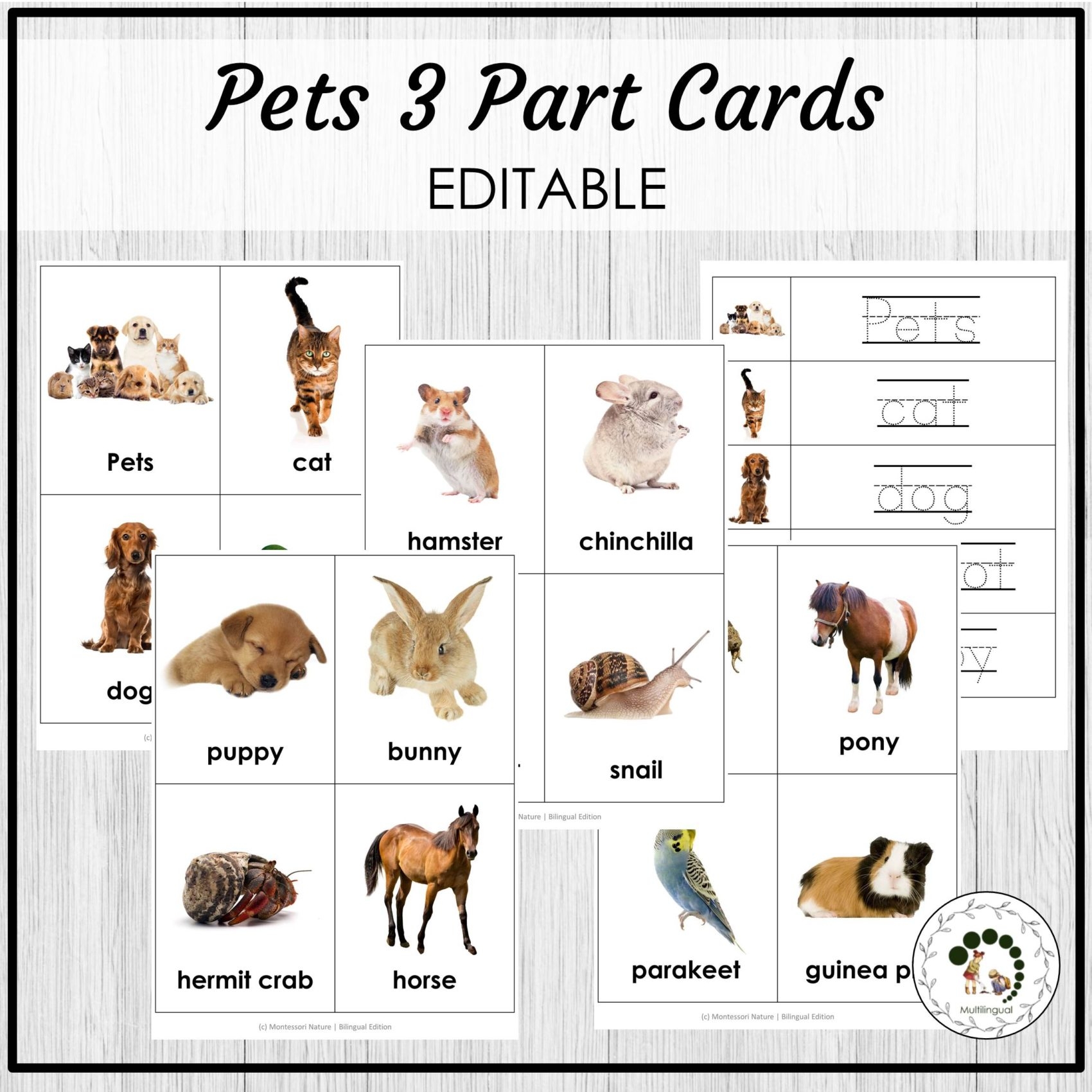 Pets Vocabulary 3 Part Cards Montessori Nature