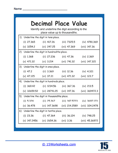 decimals place value worksheet