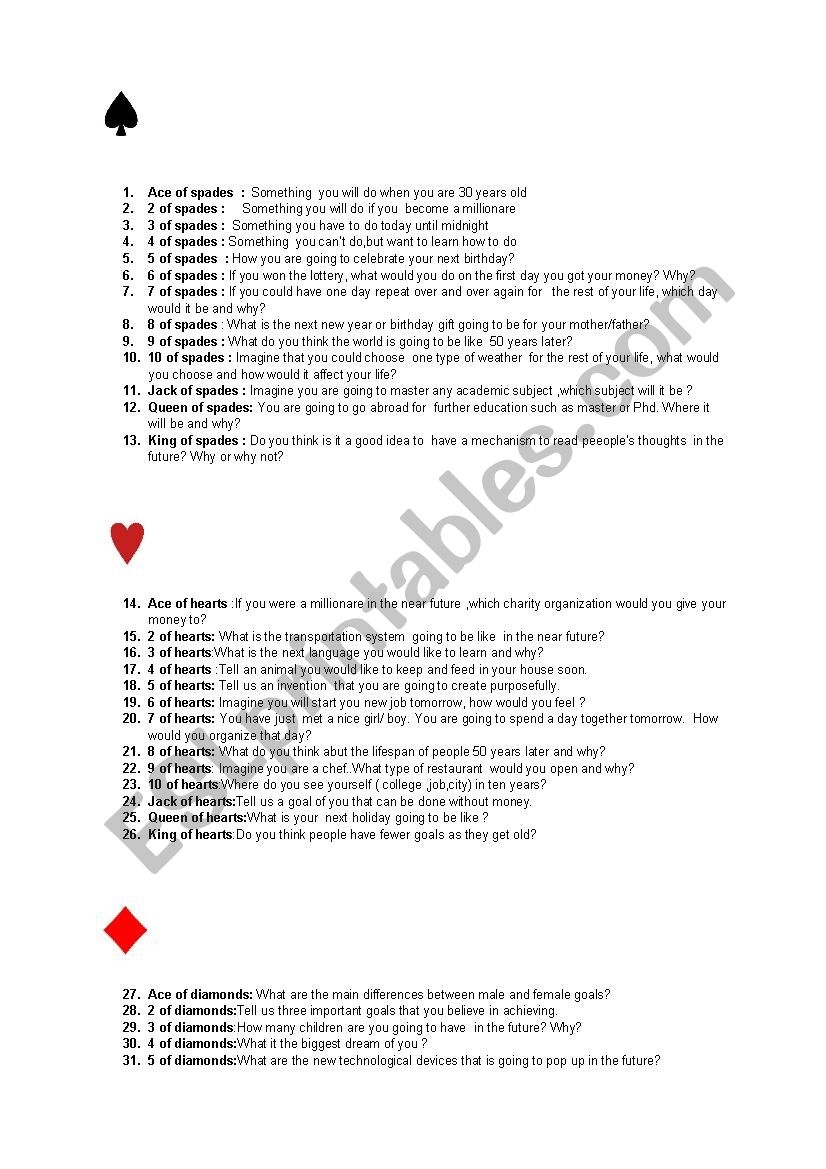 Play Your Cards Right Printable Questions