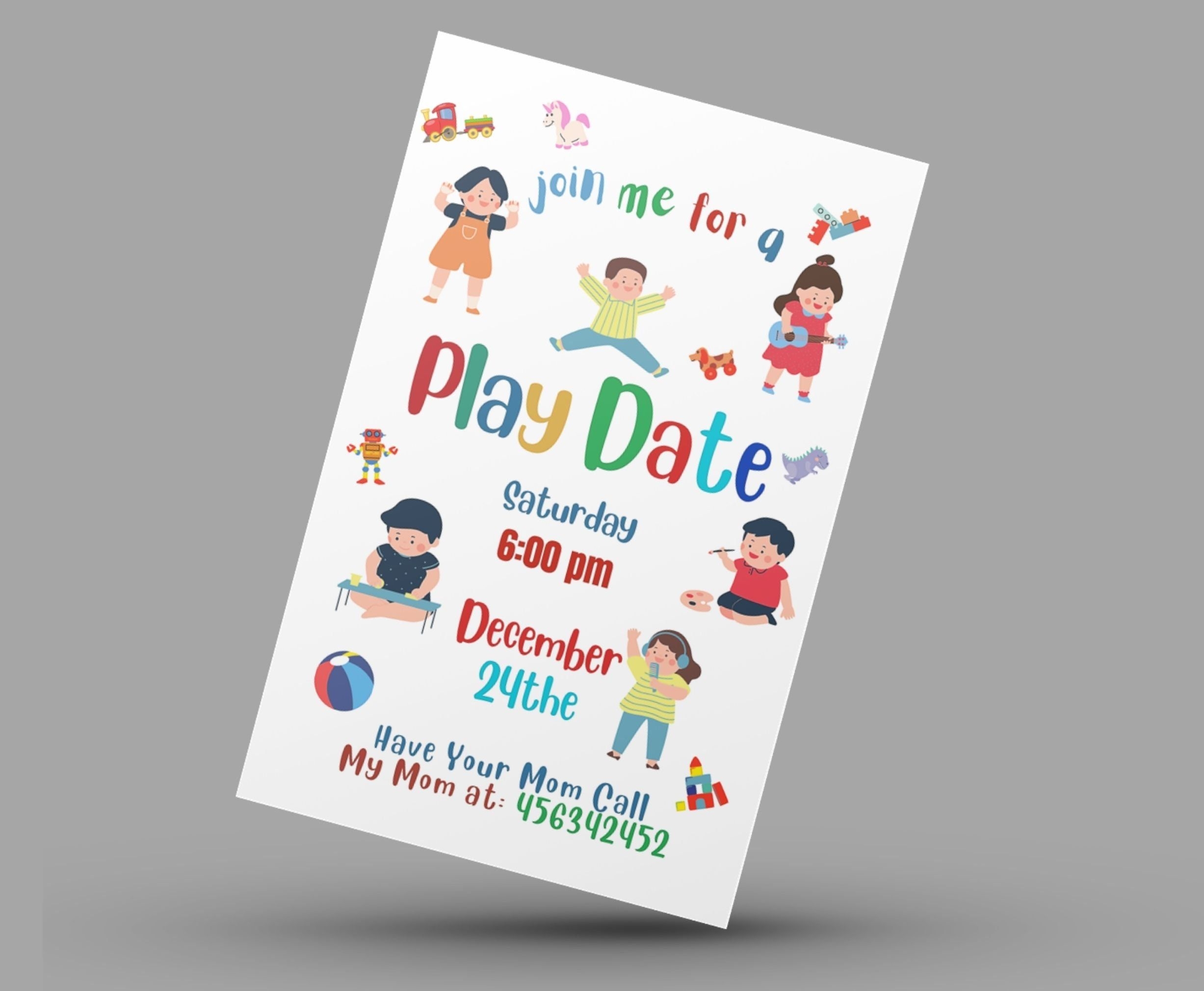 Playdate Invitation Template Editable Printable Playdate Card Play