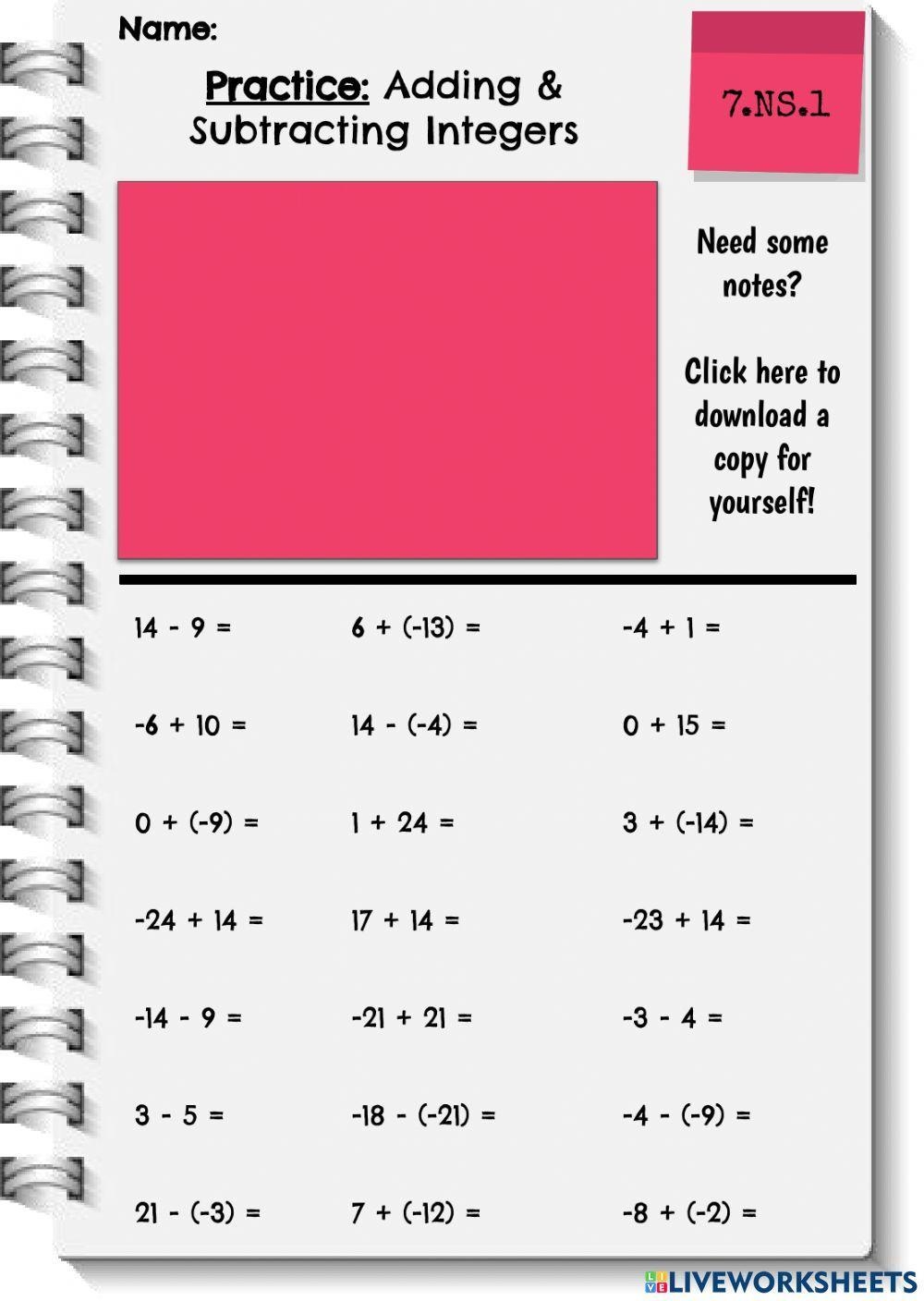 Practice Add Subtract Integers Worksheet Live Worksheets 