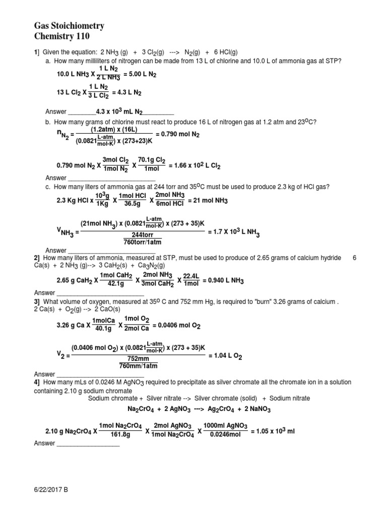 gas stoichiometry worksheet