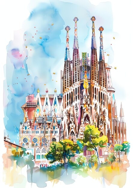 Premium Photo Barcelona Spain Landscape Watercolor Wedding Invitation 