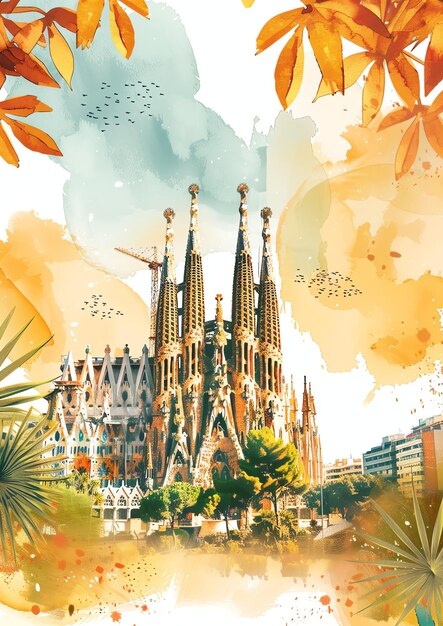 Premium Photo Barcelona Spain Landscape Watercolor Wedding Invitation 