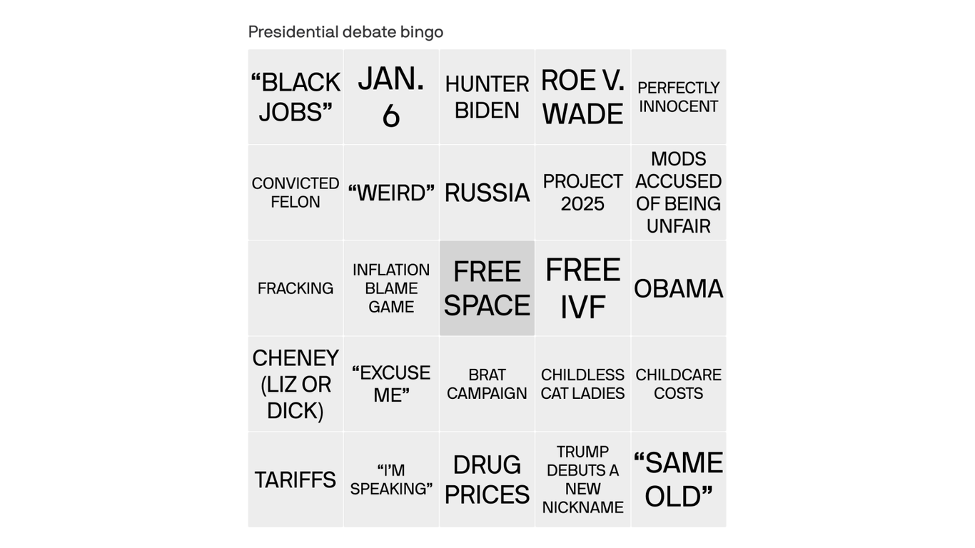 Presidential Debate Bingo Card Harris Trump Face Off Tonight