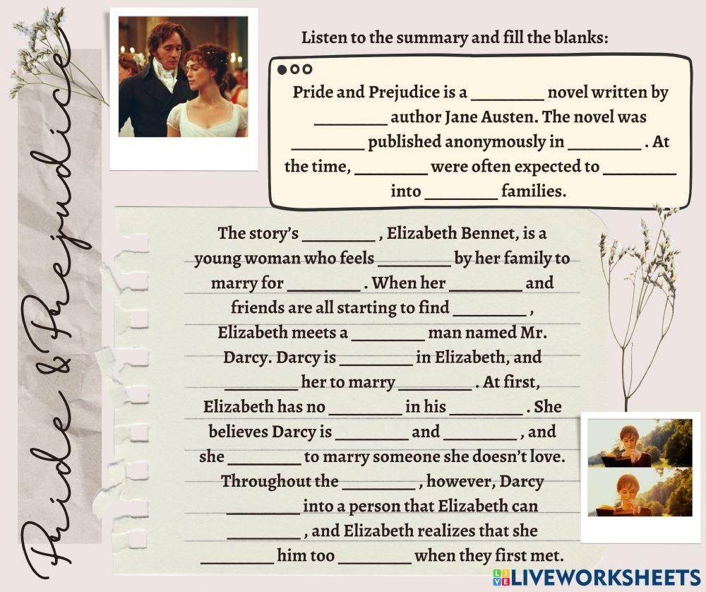 Pride Prejudice Summary Worksheet Live Worksheets Worksheets Library