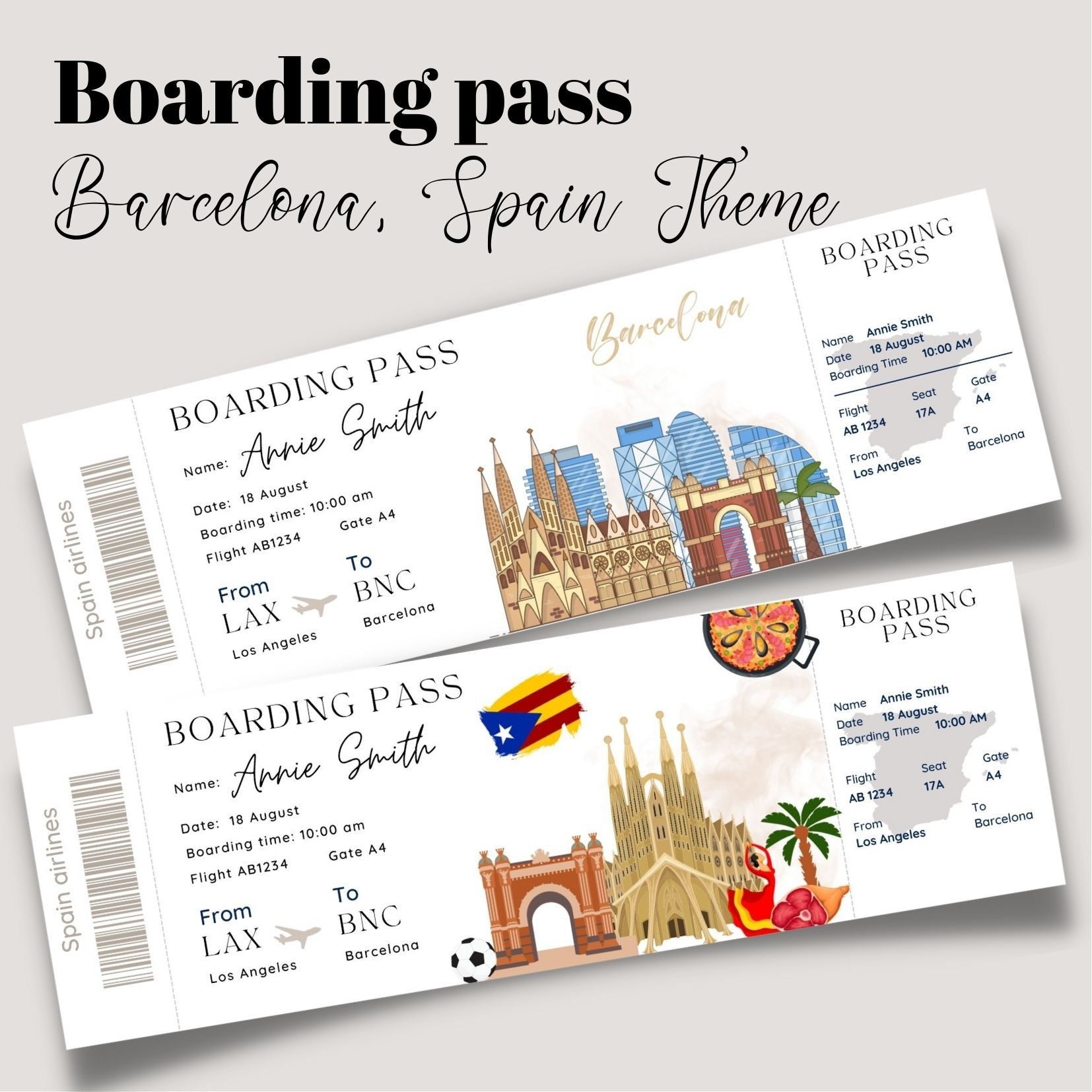Printable And Editable Barcelona Spain Surprise Boarding Pass Ticket