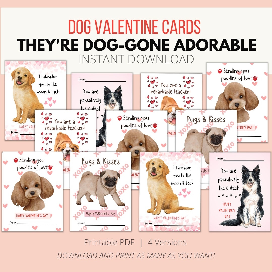 Printable Dog Valentine 39 s Day Cards PDF For Classmates Etsy