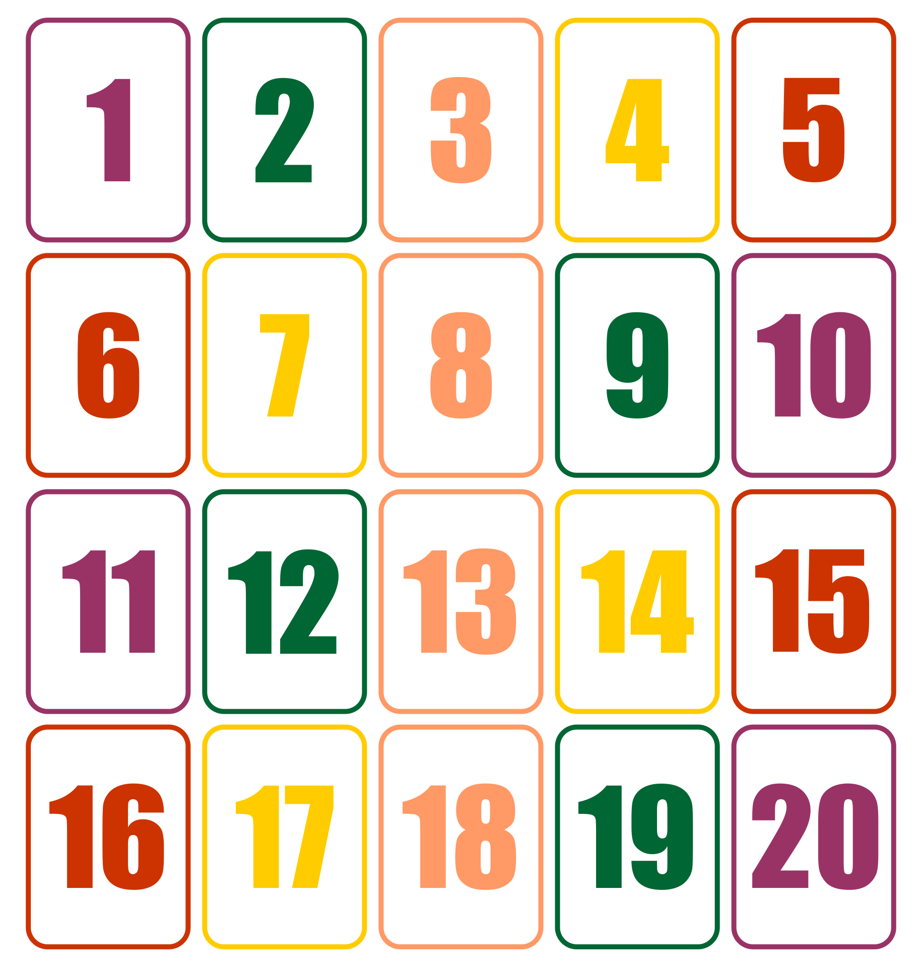 number cards 0-20 free printable