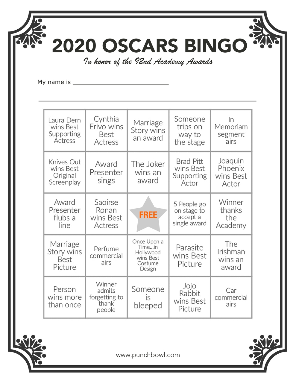 Printable Oscars Bingo In 2020 Oscar Party Hollywood Printable