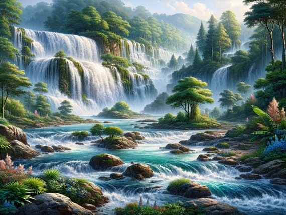 Printable Waterfall Painting Waterfalls Art Print Waterfall Wall 