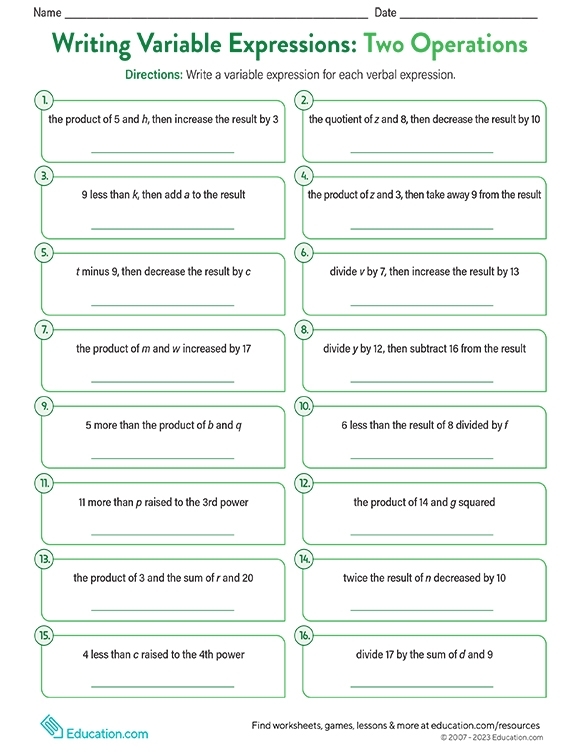 writing expressions worksheet