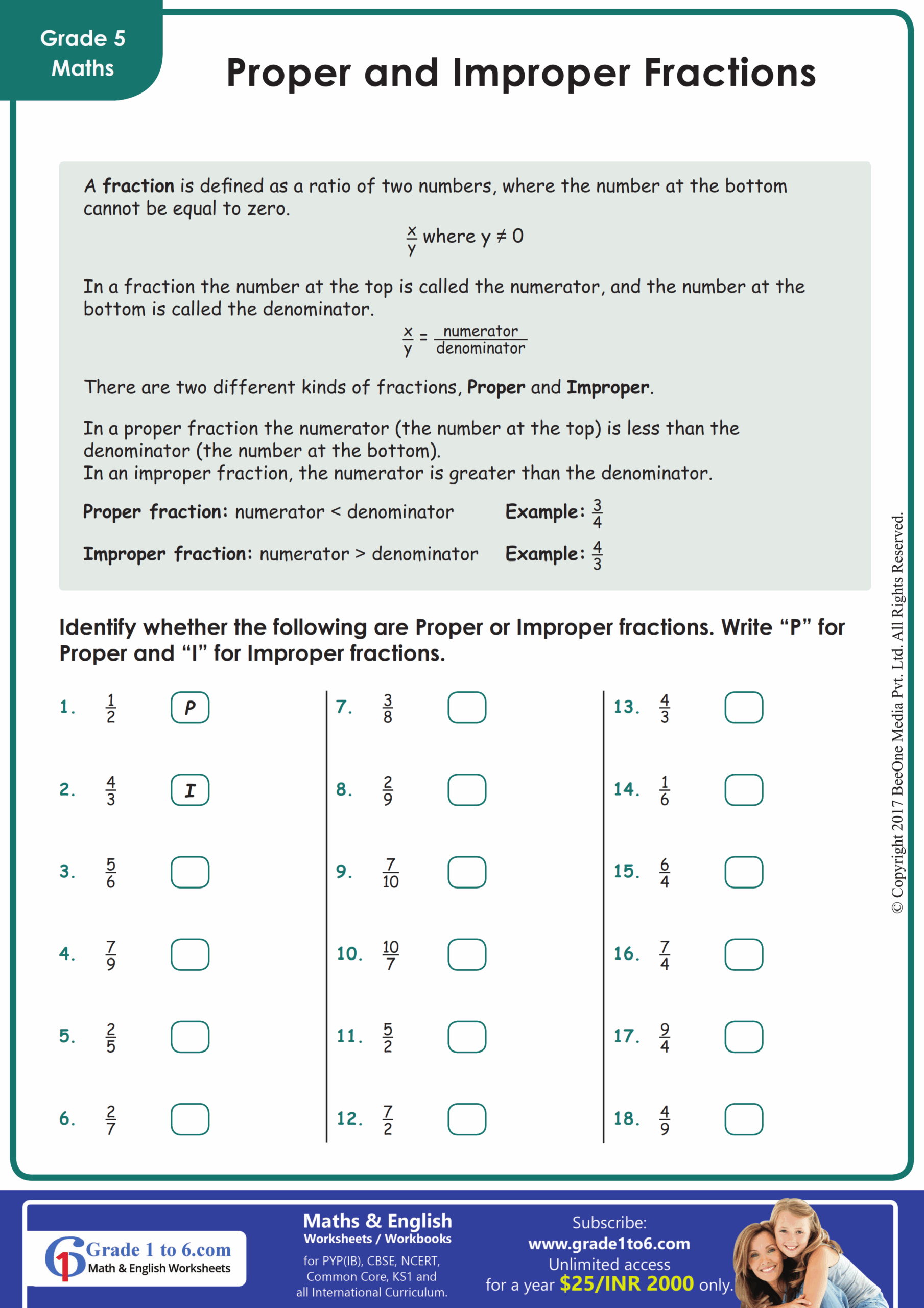 Proper And Improper Fraction Worksheet Grade1to6 Worksheets Library