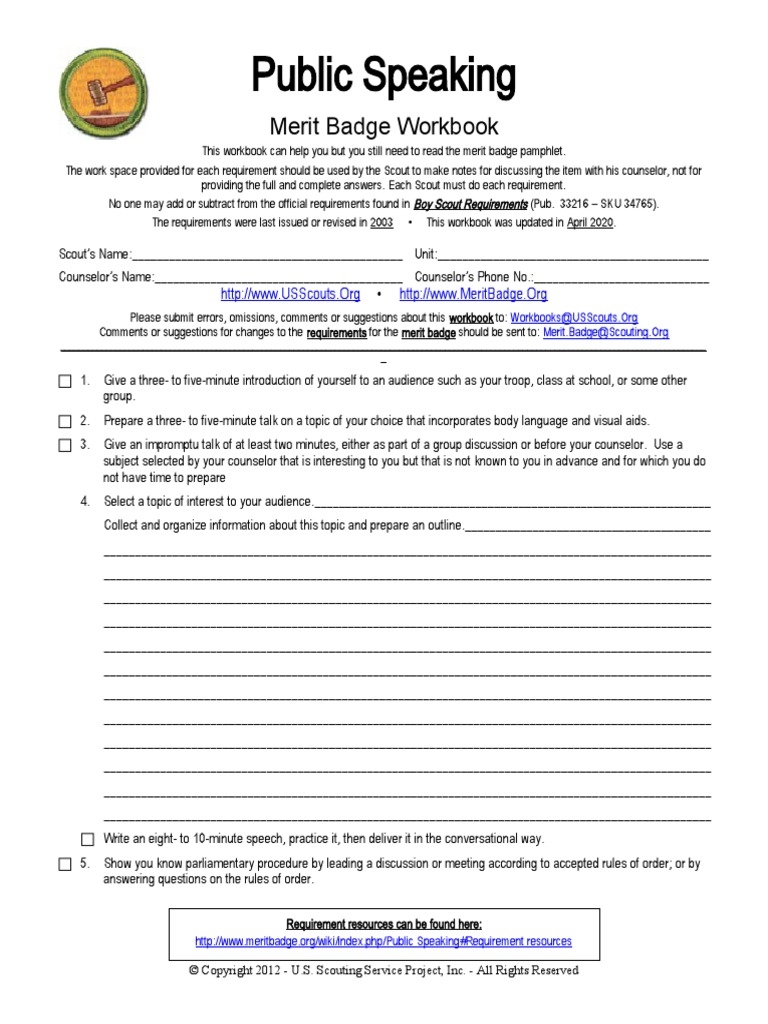 Public Speaking Merit Badge Workbook PDF Boy Scouts Of 