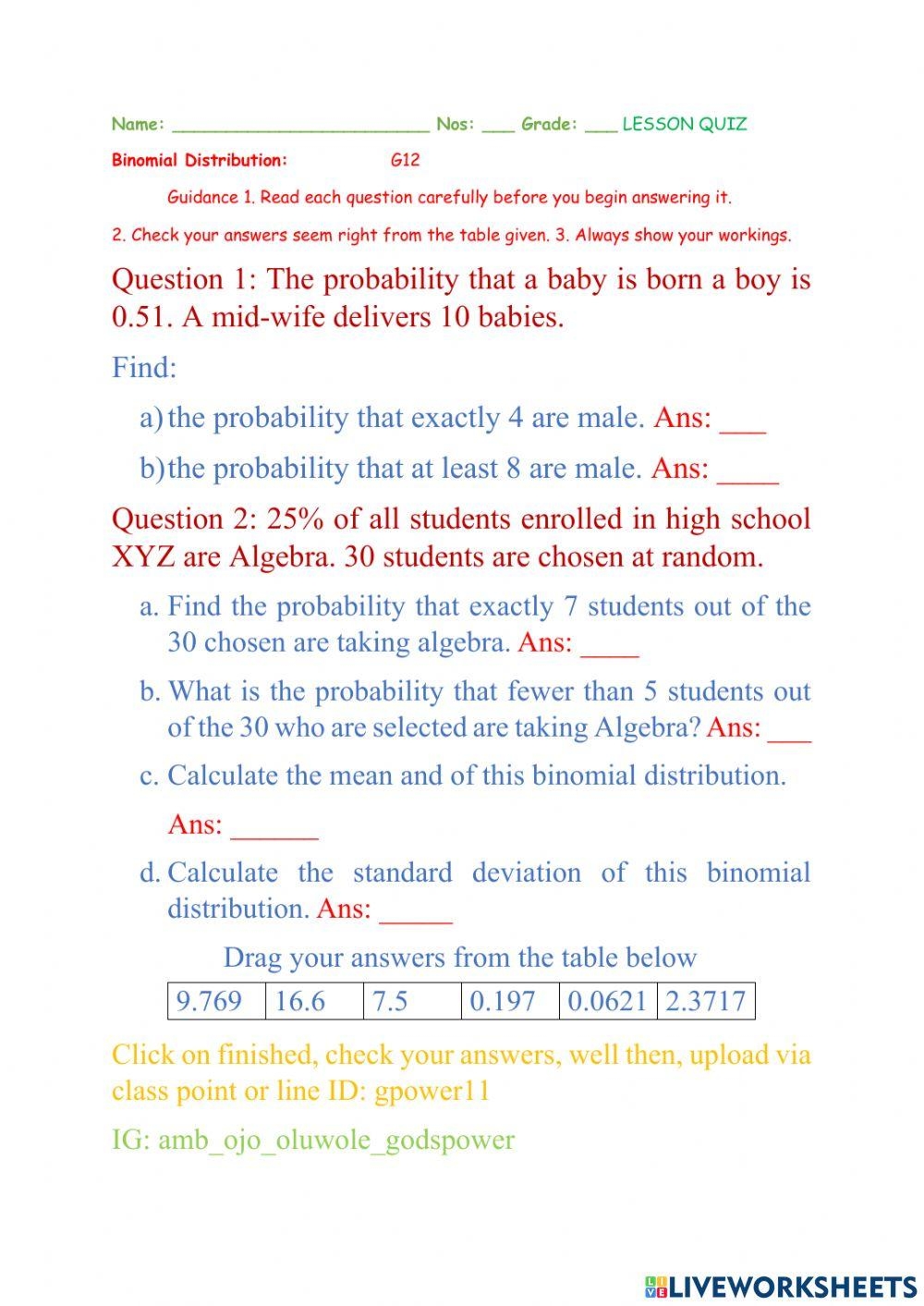 Quiz Worksheet Binomial Probabilities Using Formulas Practice 