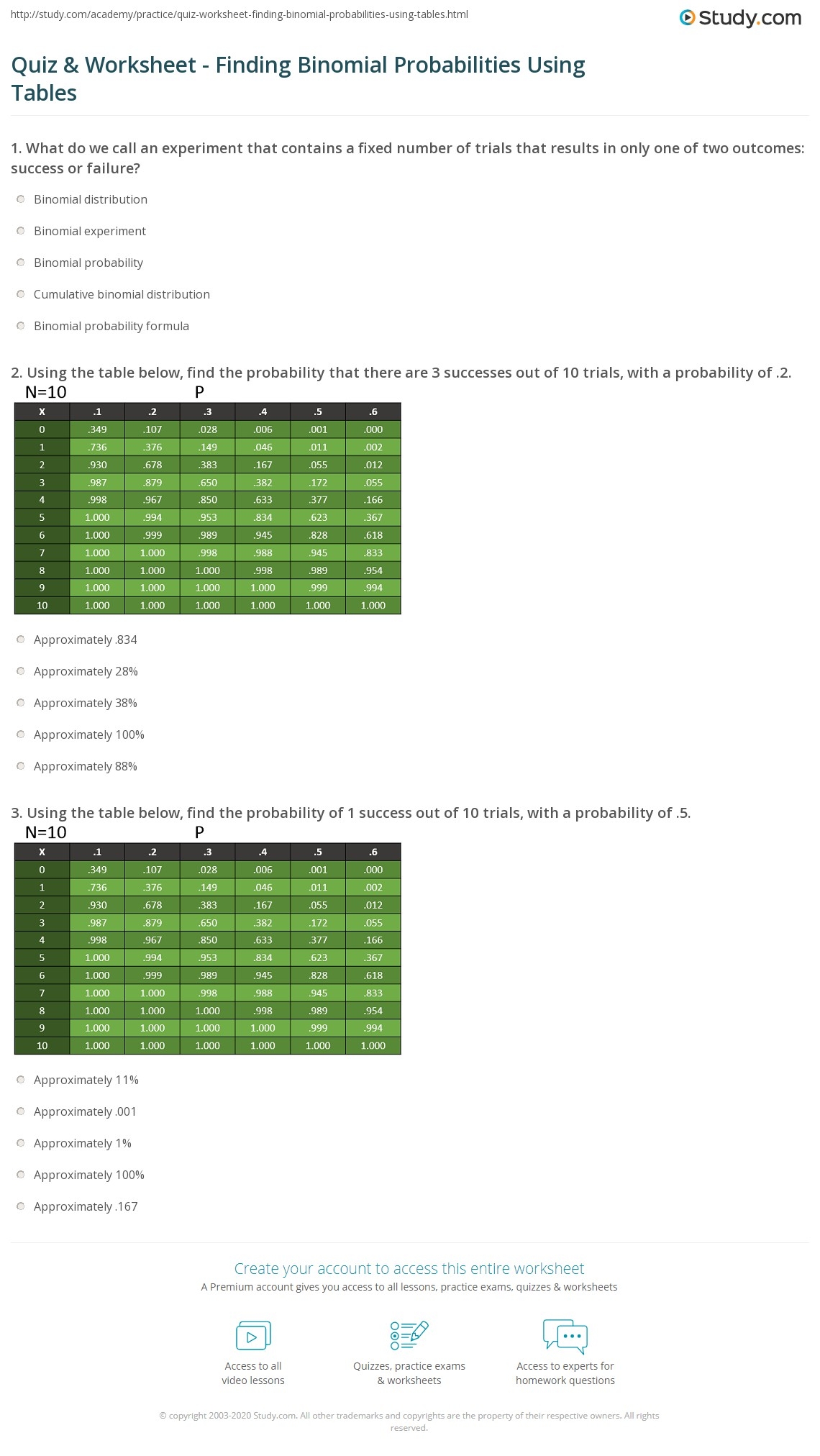 Quiz Worksheet Finding Binomial Probabilities Using Tables