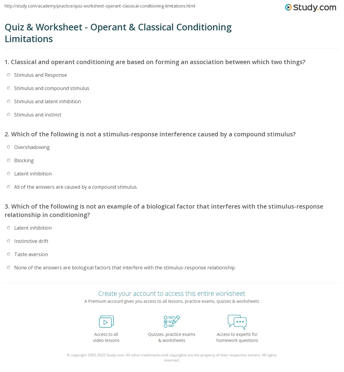 Quiz Worksheet Operant Classical Conditioning Limitations 