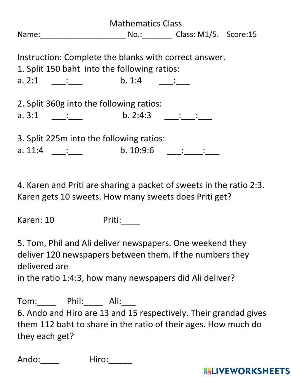 Ratio Online Pdf Worksheet For Grade 6 Live Worksheets Worksheets 