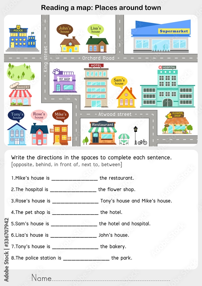 Reading A Map Places Around Town Giving Direction Worksheet