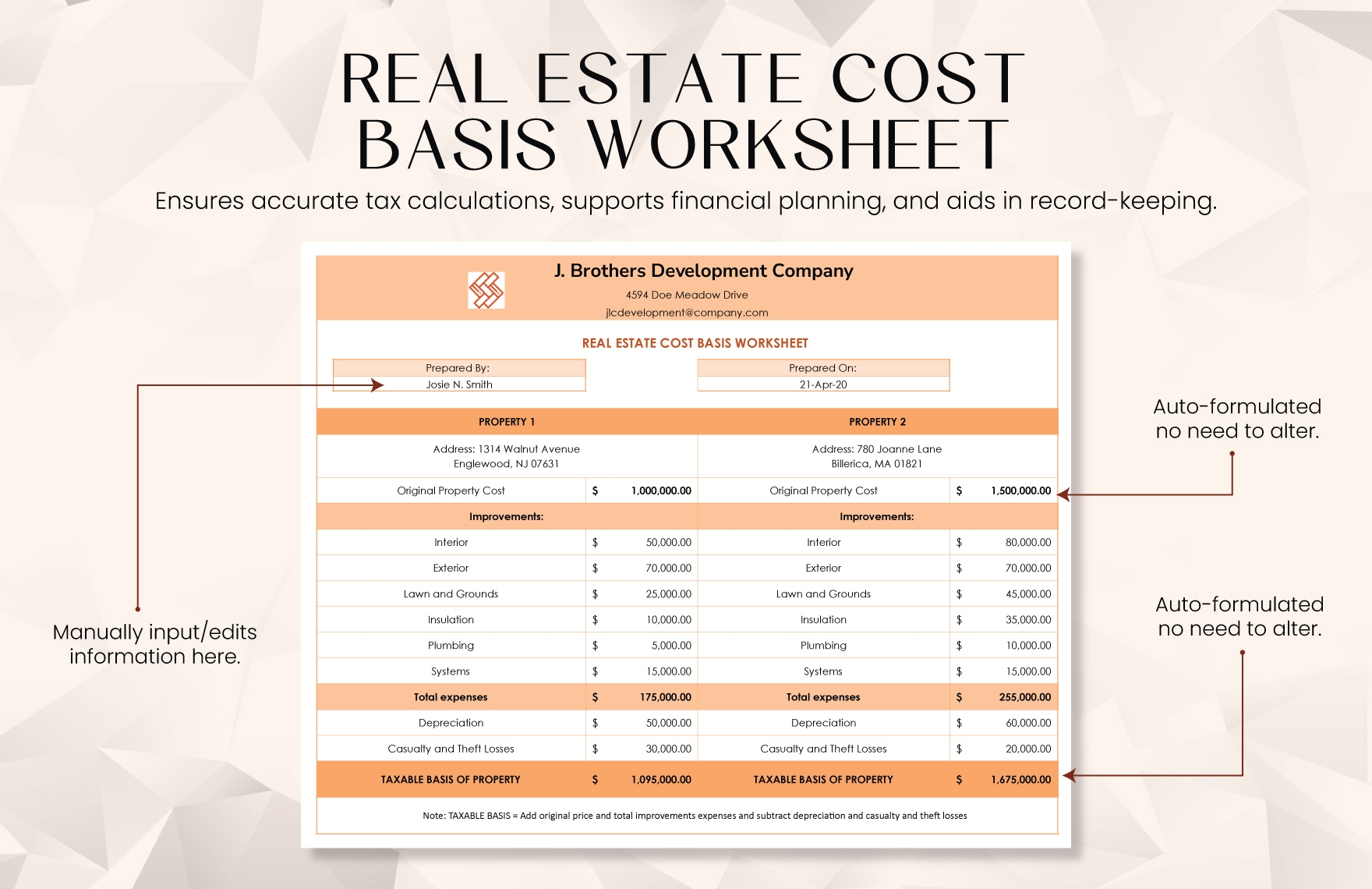 Real Estate Cost Basis Worksheet Template In Apple Numbers Word 