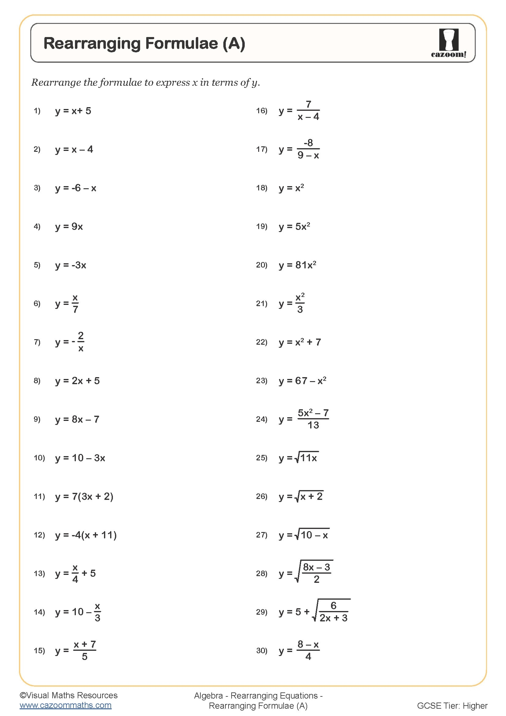 Rearranging Formulae A Cazoom Maths Worksheets Worksheets Library