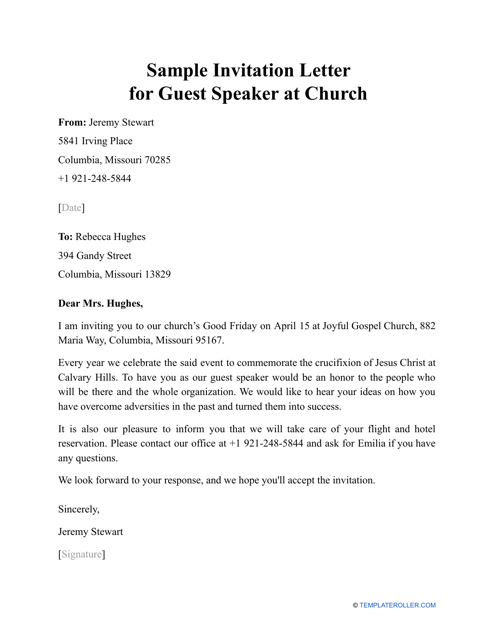 Sample Invitation Letter For Guest Speaker At Church Download Printable 