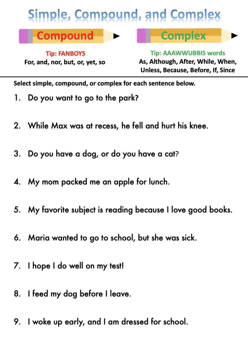 Simple Compound Complex Sentences K5 Learning Worksheets Library