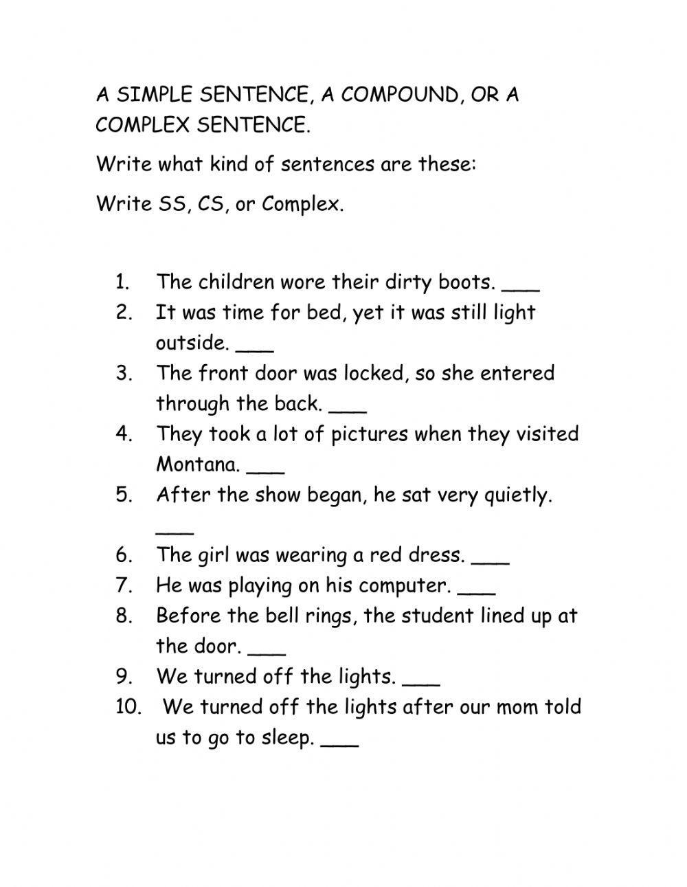 complex sentence worksheet