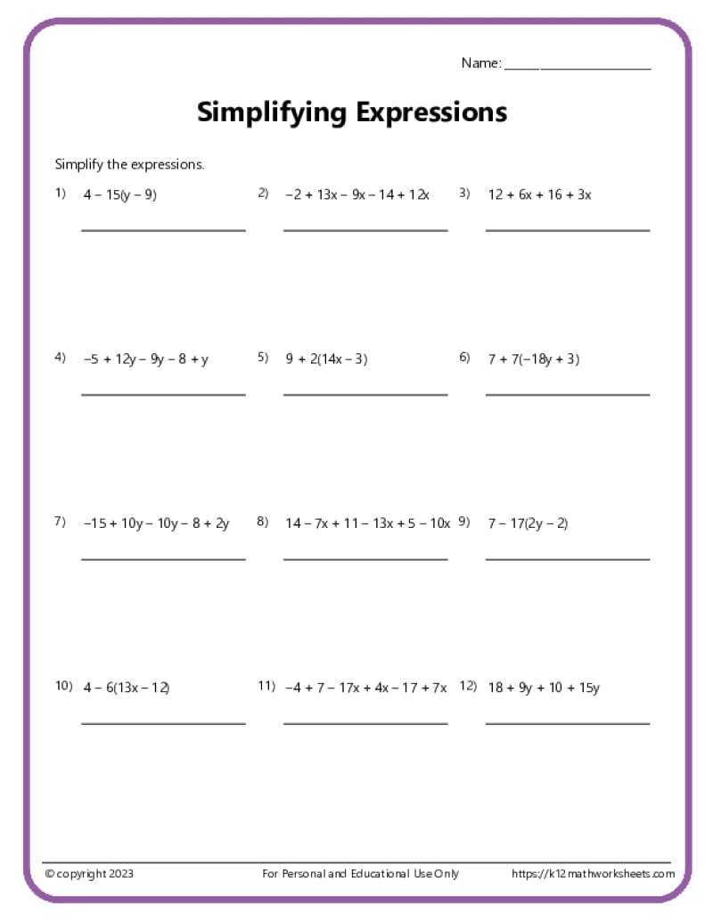 algebra worksheets simplifying expressions