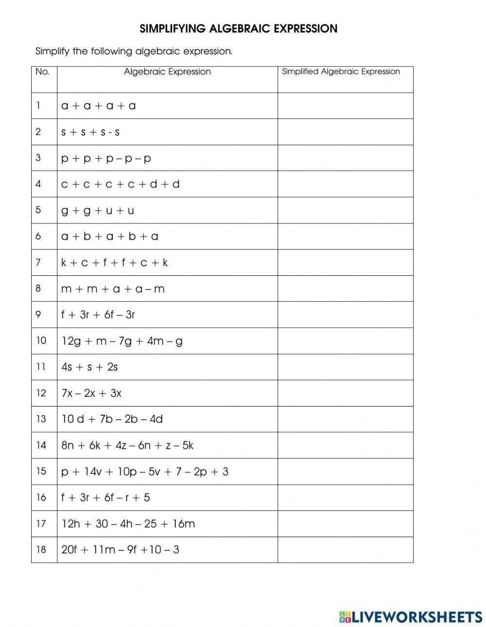 algebraic expressions simplify worksheets