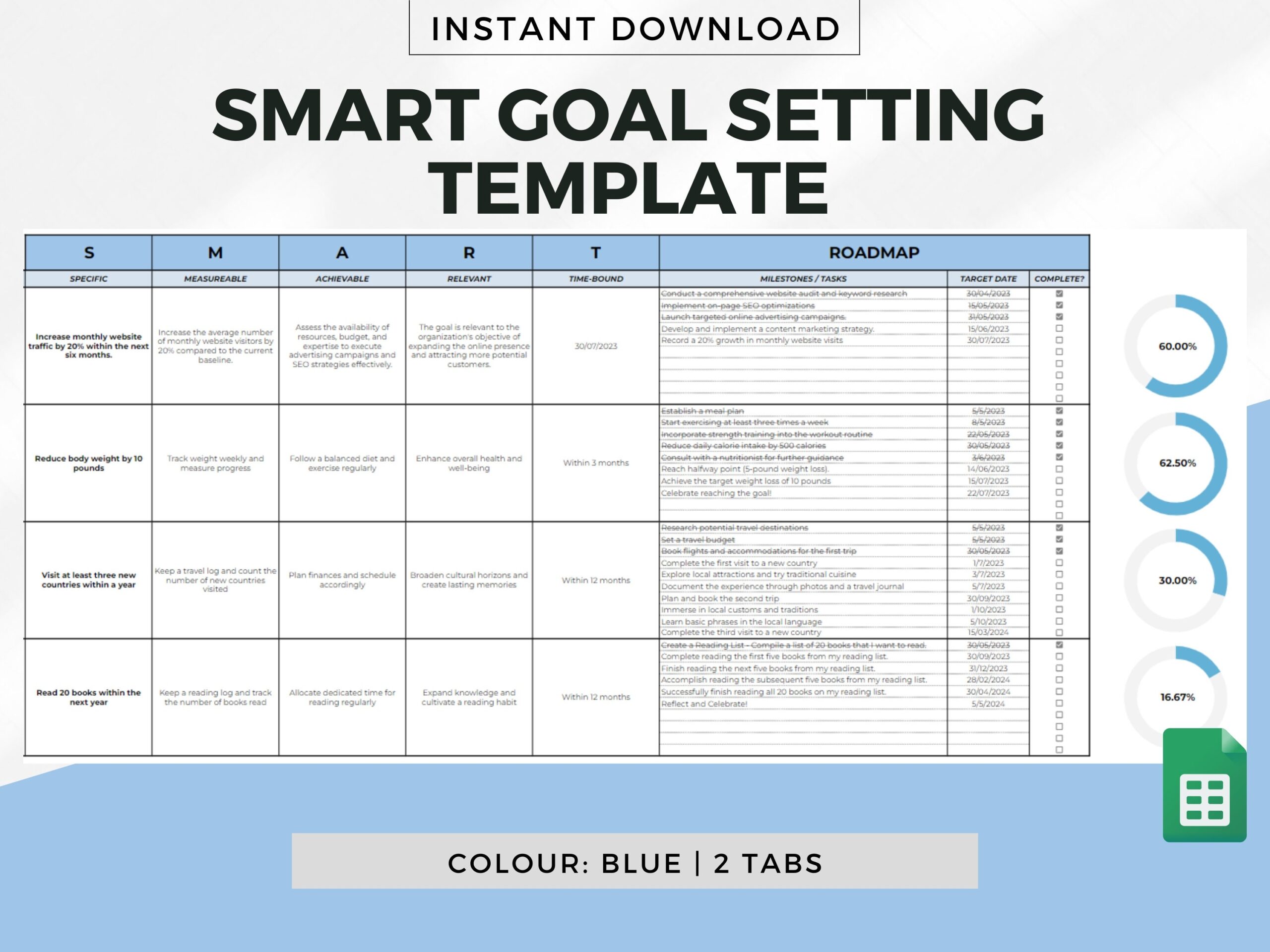 SMART Goal Setting Template For Google Sheets Blue Goal Planner 