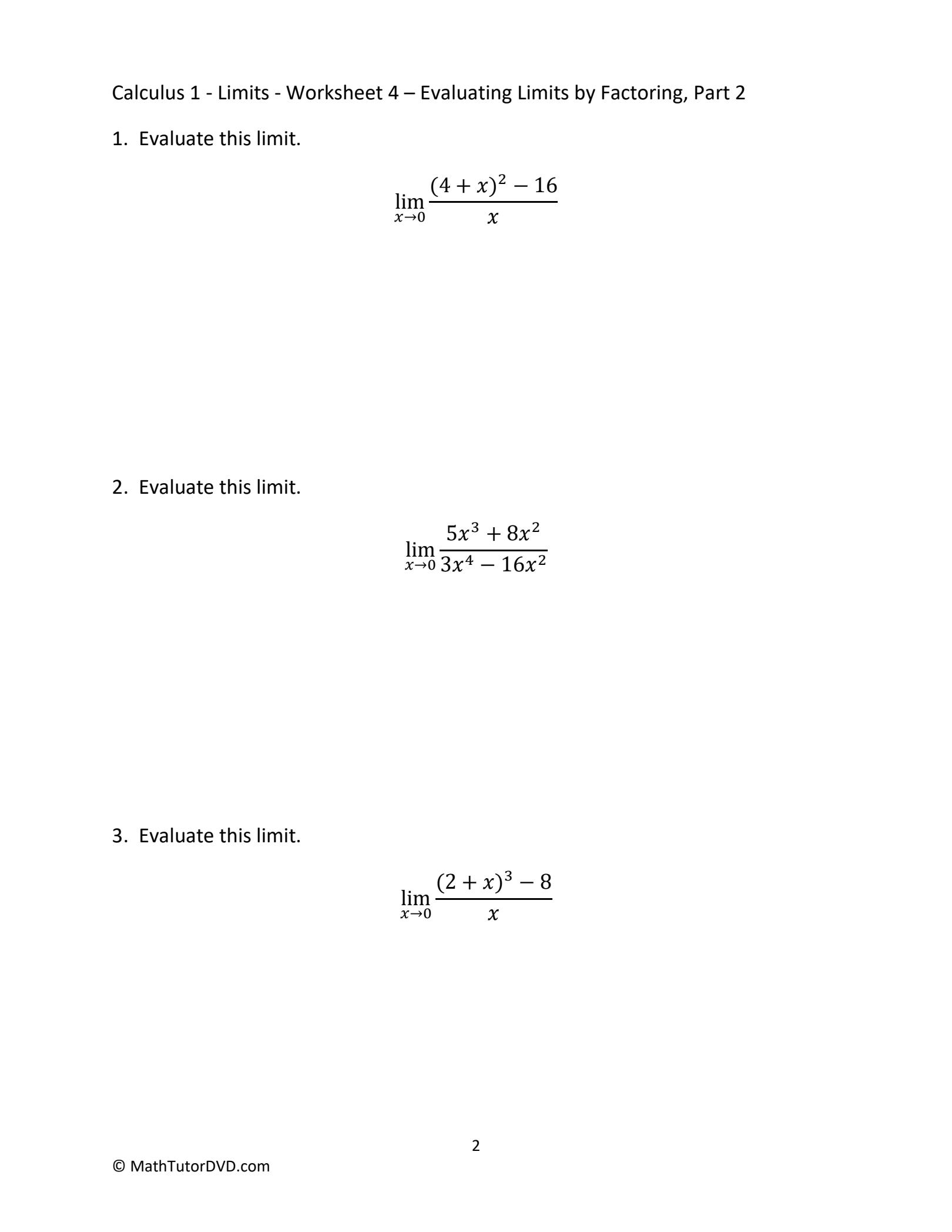SOLUTION Calculus 1 Limits Worksheet 4 Evaluating Limits By 