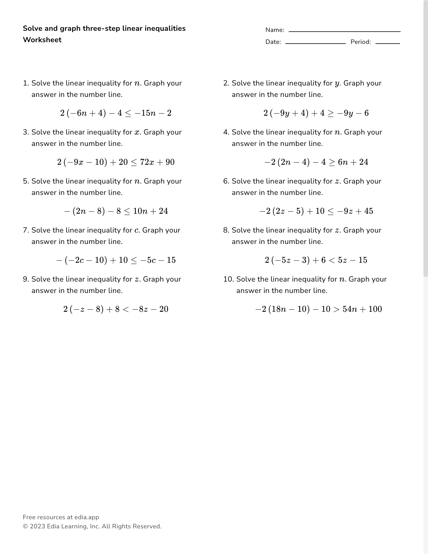 inequalities on a graph worksheet
