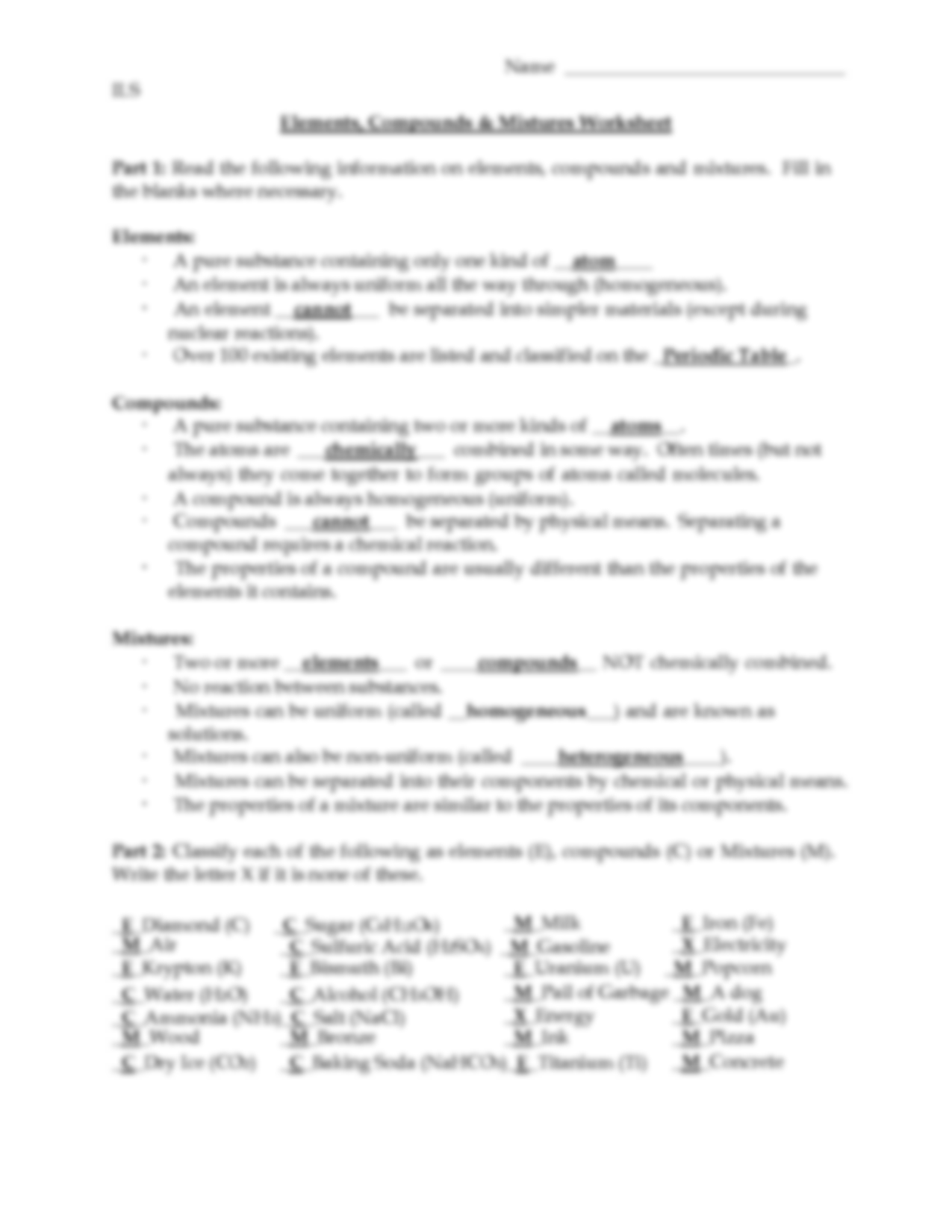 element compound mixture worksheet